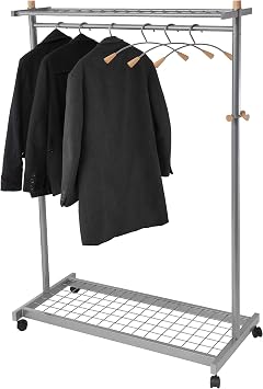 Alba Two-Sided, Two-Shelf Coat Rack, 6 Hangers, 6 Hooks, Metallic Gray and Light Wood, 45.6 x 72 x 22 Inches PMLUX6