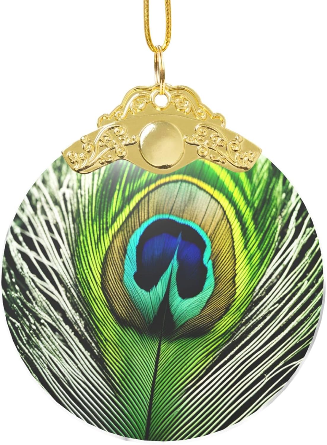 Green Peacock Feather Print Round Handmade Glass Pendant,Anniversary Present and Creative Indoor Decoration for Holidays