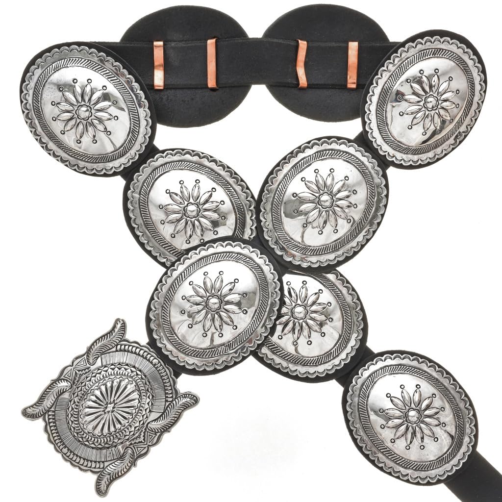 Navajo Hammered Sterling Silver Concho Belt Second Phase Patterns on Genuine Hand Dyed Leather 0022