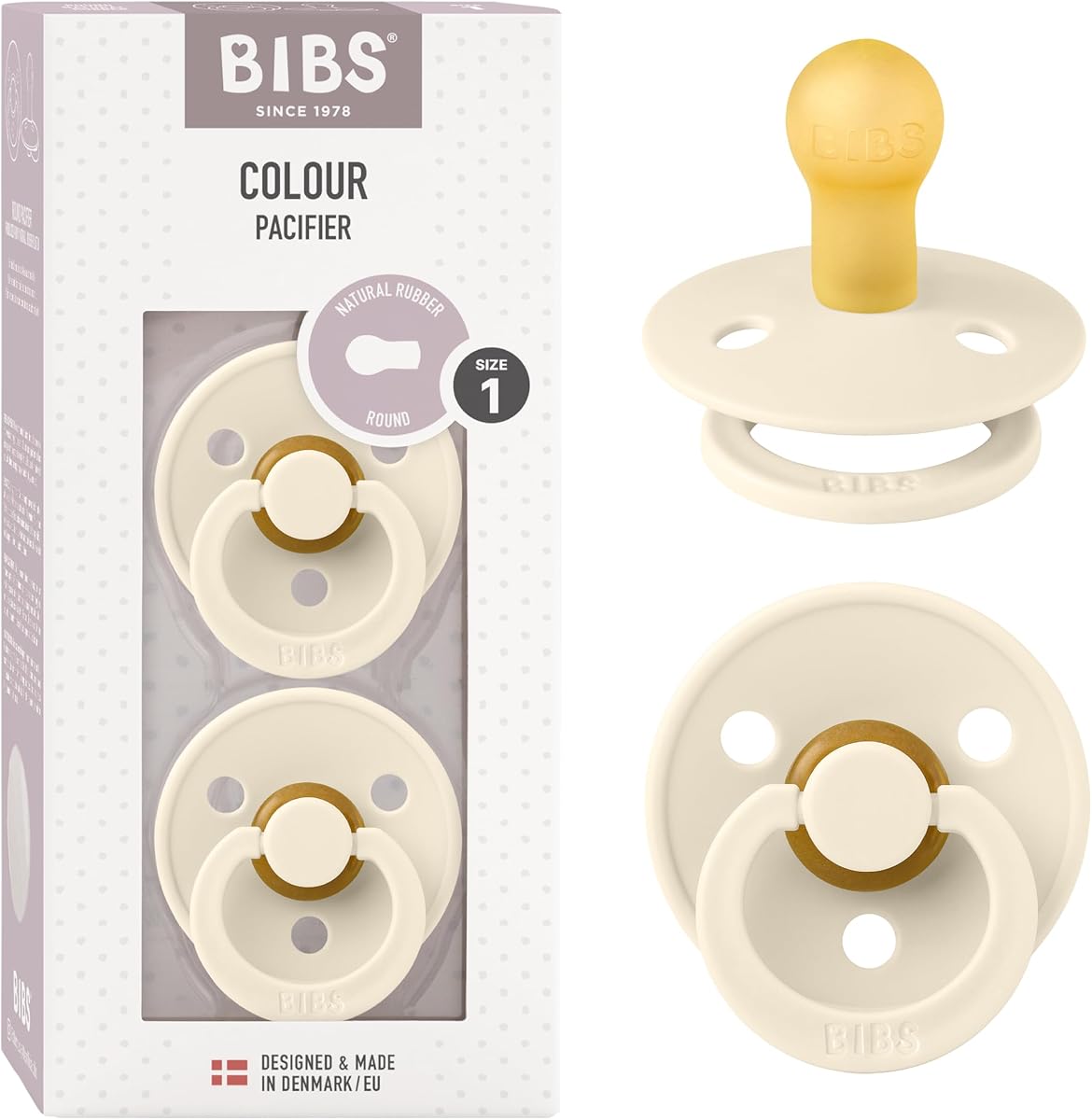 Colección Chupetes BIBS Color | Chupete de caucho natural para bebé | Pezón redondo | Juego de 2 chupetes sin BPA | Fabricado en Dinamarca | 0+ meses (paquete de 2) | Marfil | Látex de caucho natural | Talla 1 | Sin BPA | Fabricado en Dinamarca | Alta aceptación del pezón | Orificios de flujo de aire | Escudo de confort
