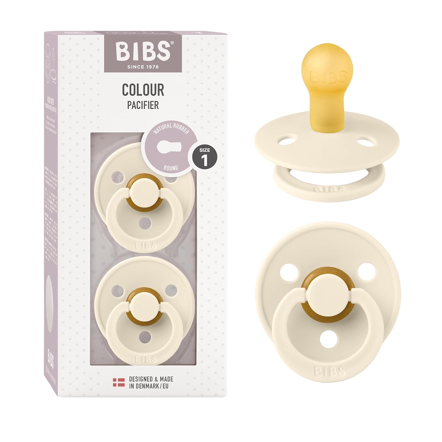 bibs pacifiers colour collection | natural rubber baby pacifier | round nipple | set of 2 bpa-free soothers | made in denmark | 0+ months (pack of 2) | ivory ivory 0+ month (pack of 2)