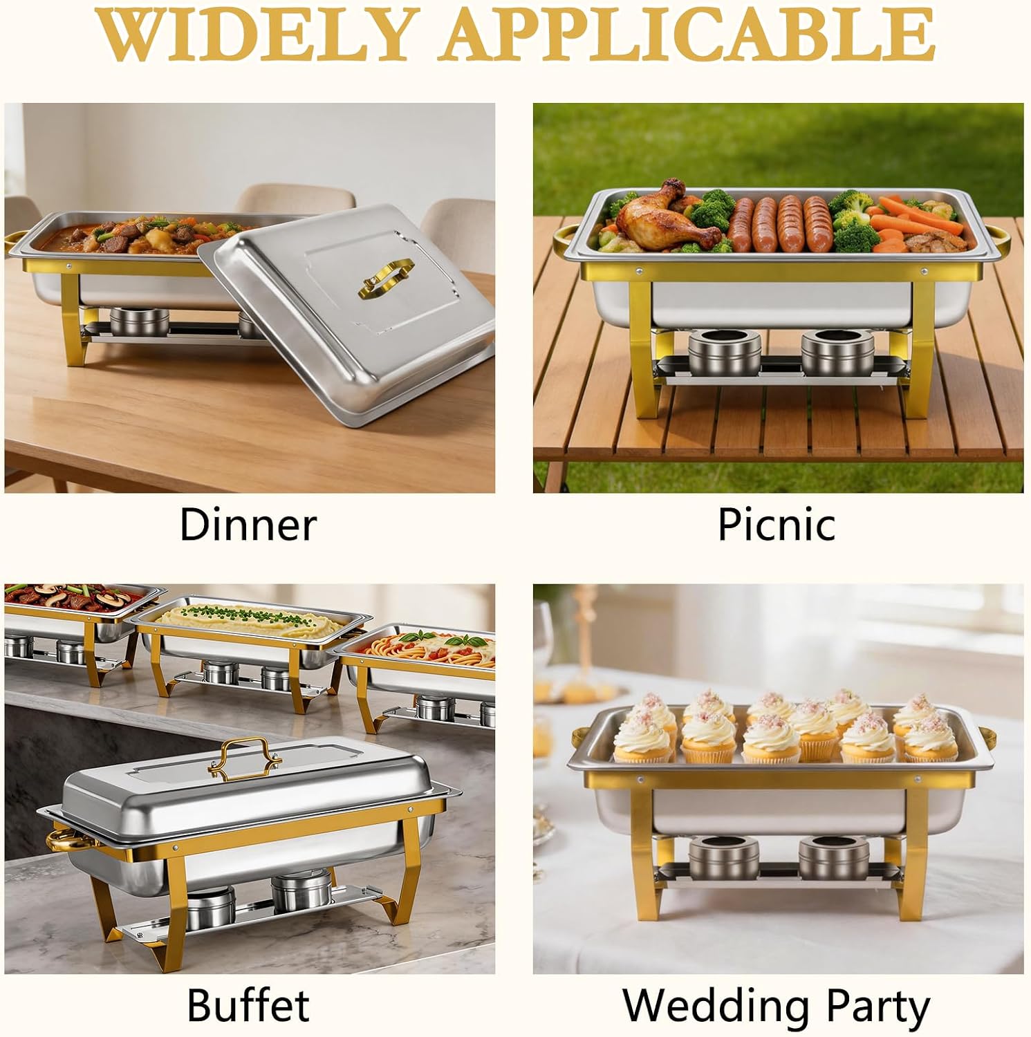 Chafing Dishes for Buffet, 4 Pack 9QT Stainless Steel Chafing Dish Set for Home Parties, Christmas Gatherings, Catering Events, Gold