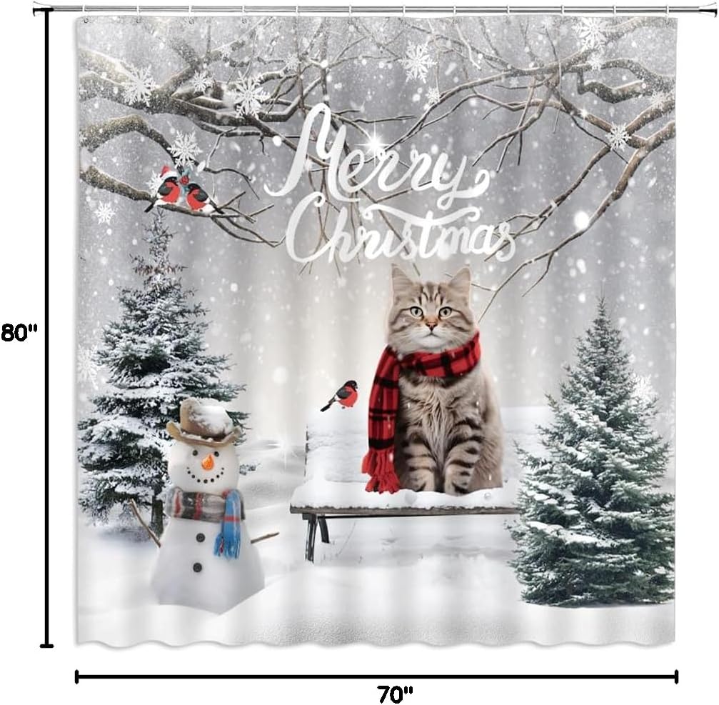 Merry Christmas Shower Curtain Cute Cat Sitting in Bench Snowman Snow Pine Tree Red Bird Animal Bathroom Decor Fabric Curtains with Hook 70Wx80H Inches