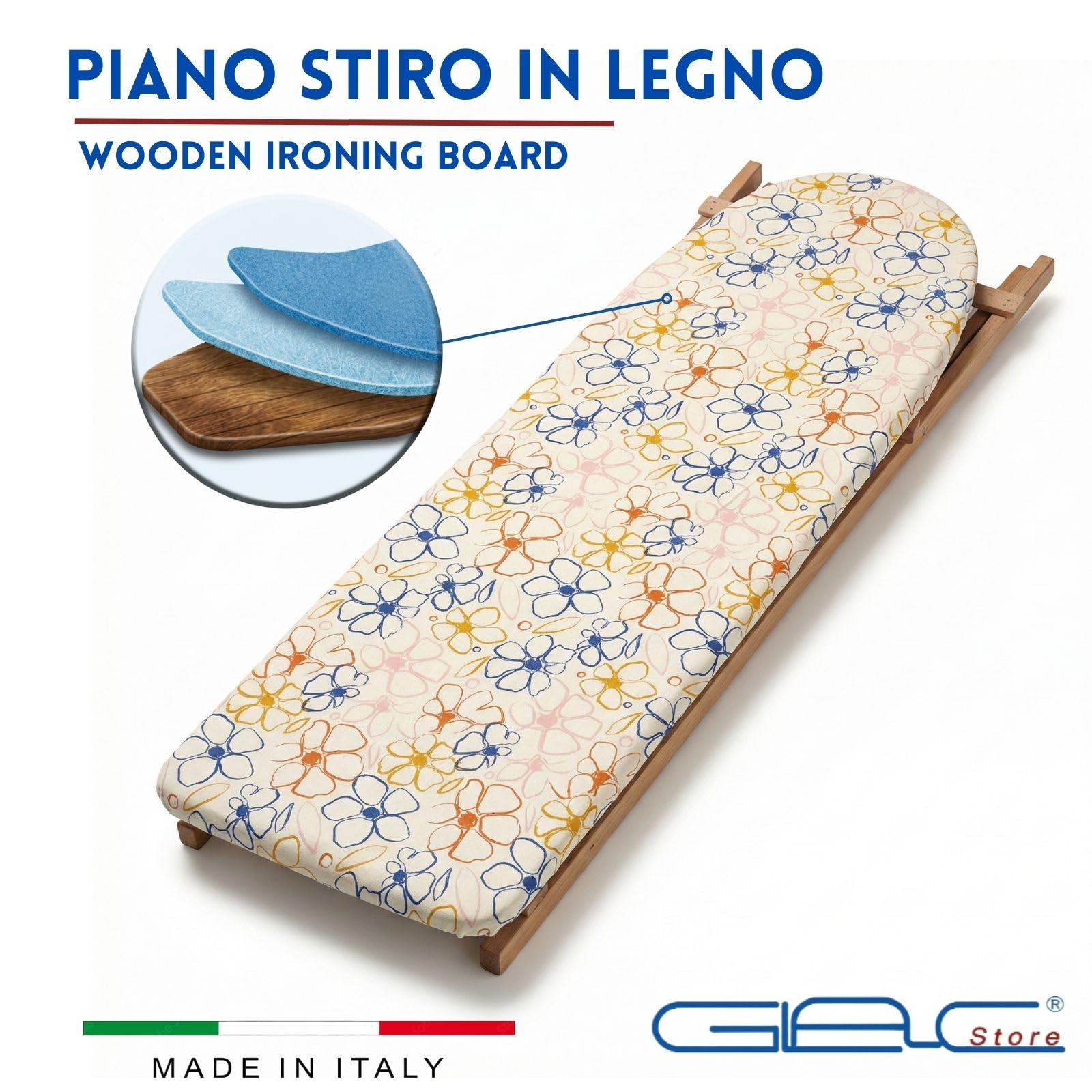 Glac Store Asse da Stiro Made in Italy 118x35 cm – Altezza Regolabile 82/87/93 cm – Piano in Legno – Porta Biancheria 47 cm – Pieghevole con Piedini Antiscivolo – Fantasia Casuale