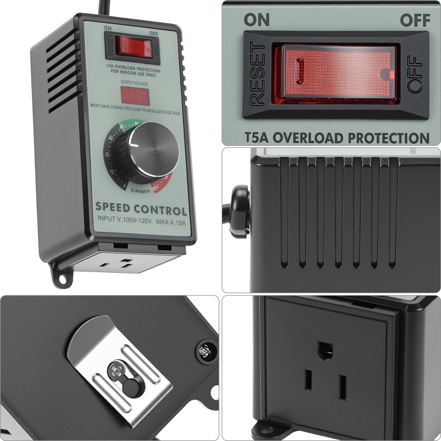 Detailed view of the QWORK AC Motor Speed Controller's controls and mounting bracket