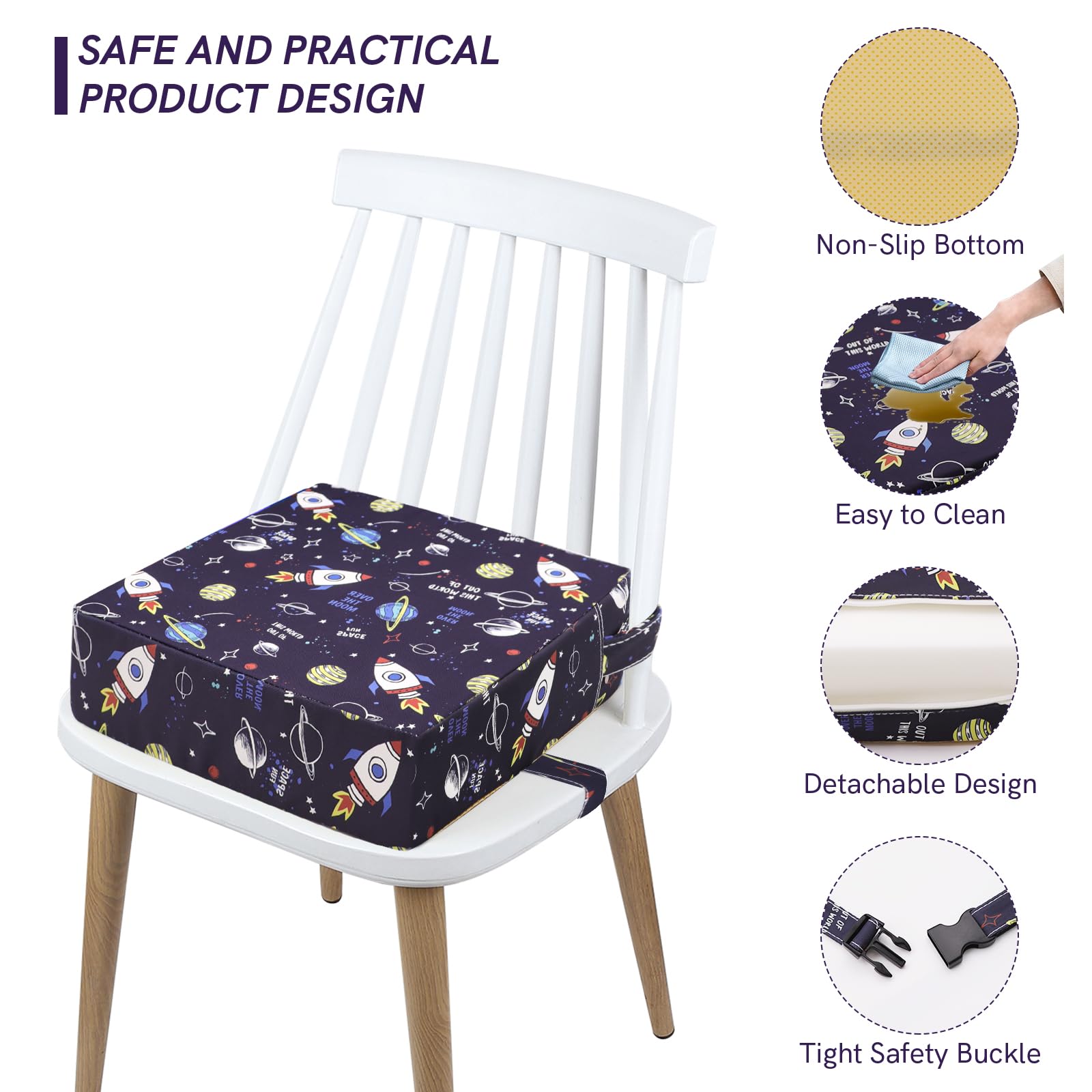 Rialzo da Sedia per Bambini, Cartoon Cuscino Rialzo per Bambini Cuscino per Sedia Seggiolino Regolabile Lavabile Smontabile con 2 Cinghie per Sedia da Pranzo