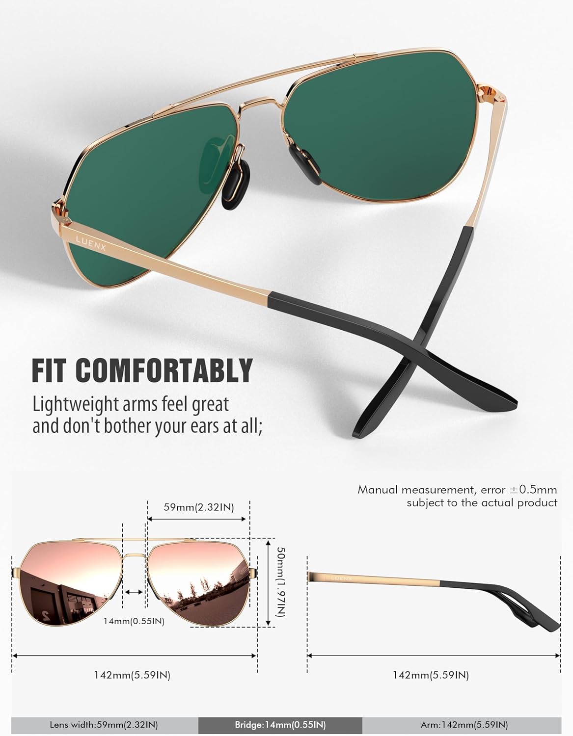 LUENX Aviator Sunglasses for Men Women Polarized New Shades Large Metal Frame - UV 400 Protection - Image 4