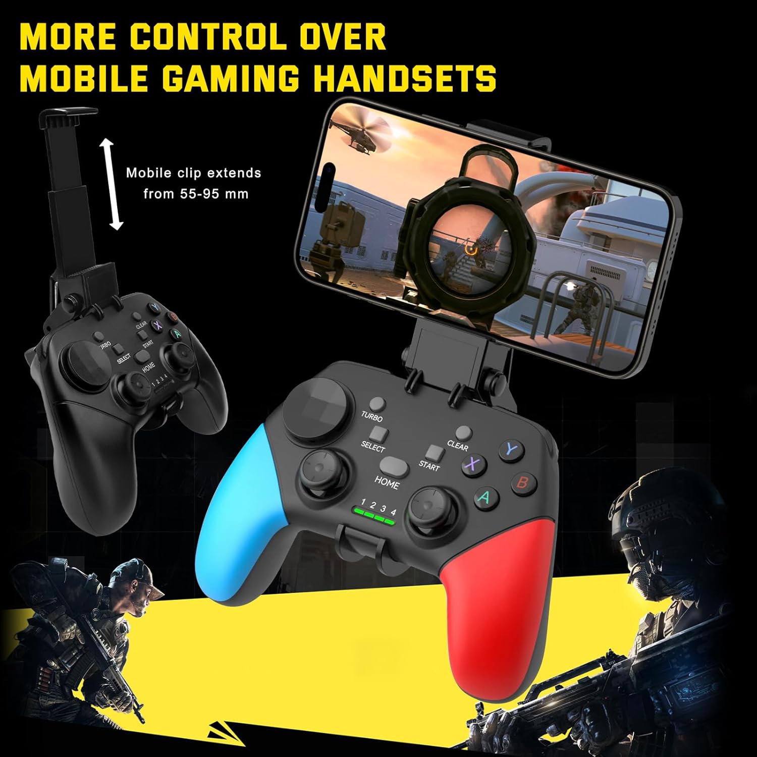 Joso Wireless Mobile Gaming Controller for iPhone, Android, iPad, Tablet, PC, Phone Controller with Phone Clip Supports Cloud Game, COD Mobile, Genshin Immpact, Remote Player Gamepad Black+Blue+Red image 5 of 8 B0BMXCPMCQ