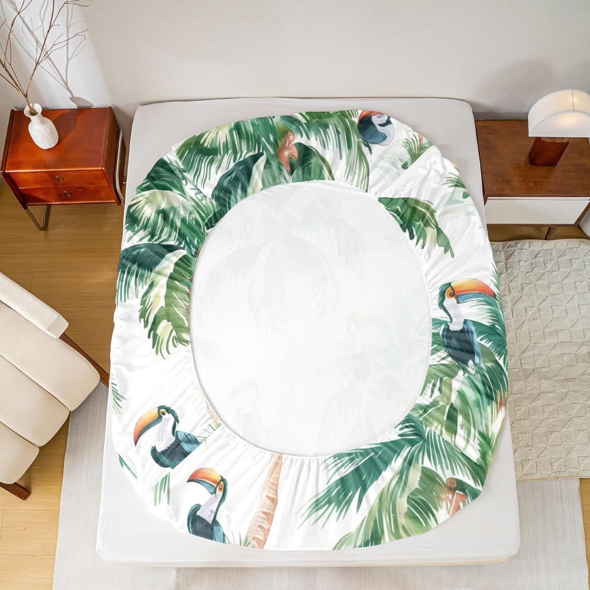 Coconut Tree Fitted Sheet Queen Size Hawaiian Tropical Palm Leaves Bedding Set for Kids Boys Girls Teens Wild Birds Toucan Animal Bed Sheet Set Cool Summer Theme Bed Cover Room Decor,No Top Sheet