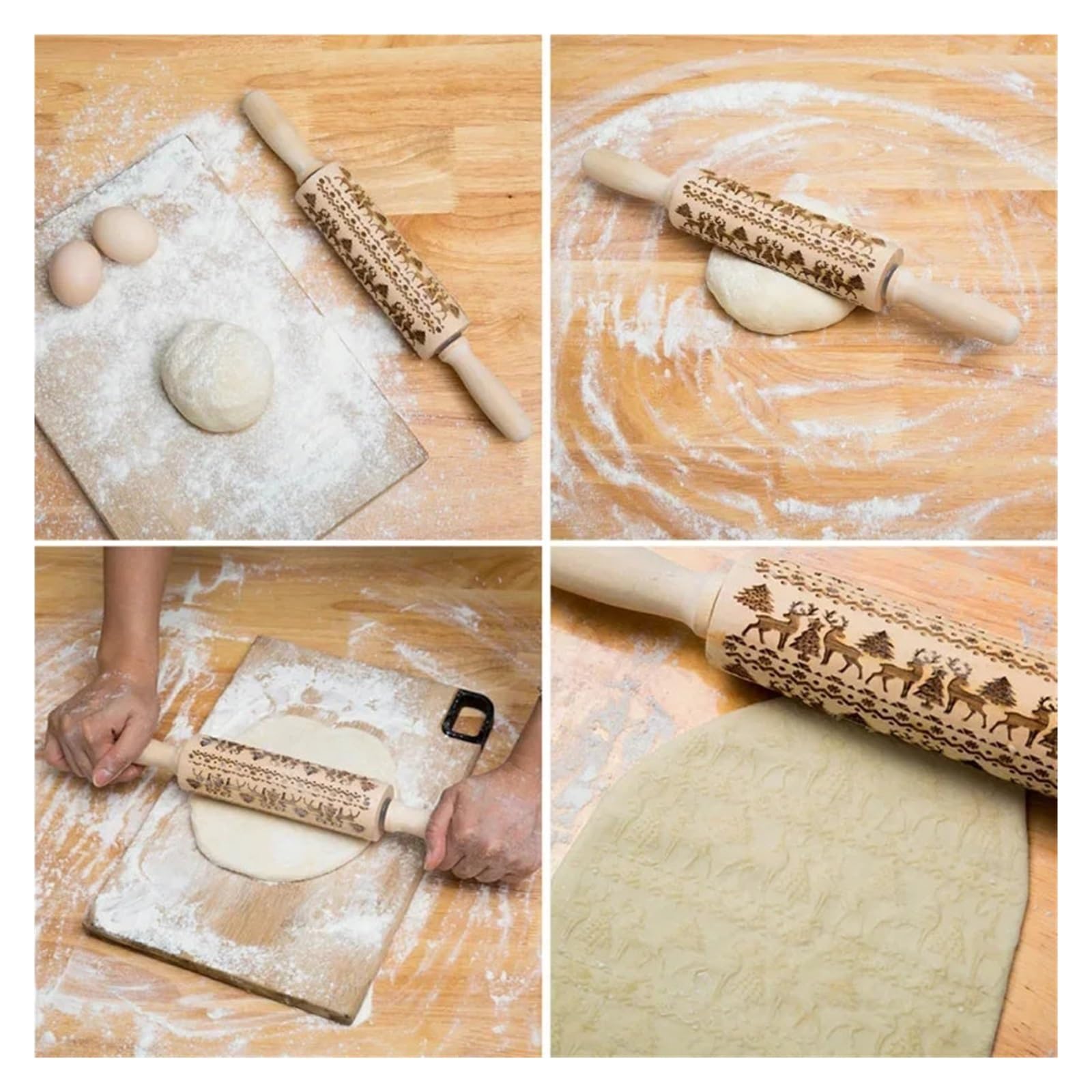 Rodillo de Madera Grabado de 35 x 5 cm for Hornear Galletas, Fondant, Pasteles y Masa. Rodillo de Madera Grabado con Copos de Nieve. para Cocina, Pastelería(Color 2)