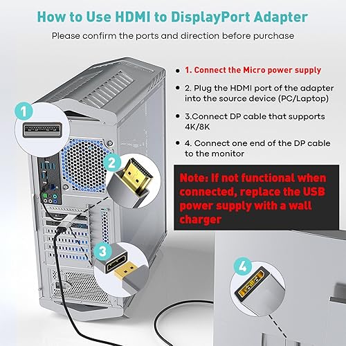 Miniatura 4 de Adaptador HDMI a DisplayPort (4K 60Hz, 1080p 120Hz) Convertidor HDMI unidireccional macho a DP hembra para monitor compatible con GPU, laptop, AMD,
