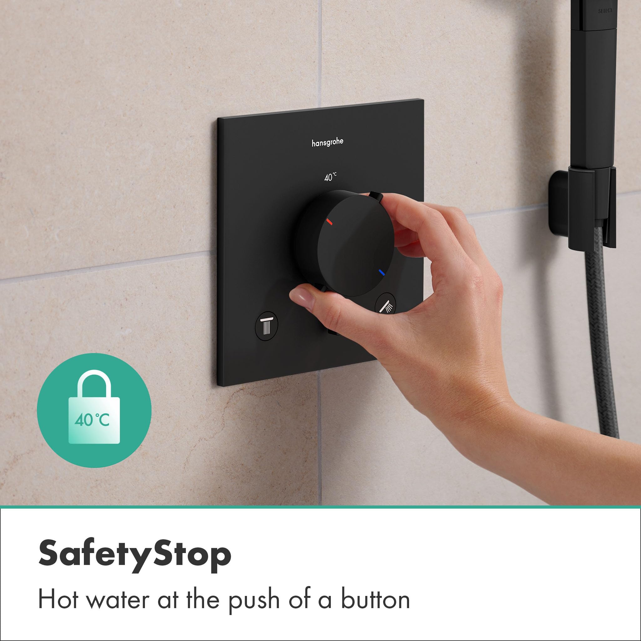 hansgrohe Ecostat Comfort E - termostato para ducha empotrado, grifo ducha con botón de seguridad (SafetyStop) a 40 °C, mezclador para 2 funciones, negro mate, 33711670