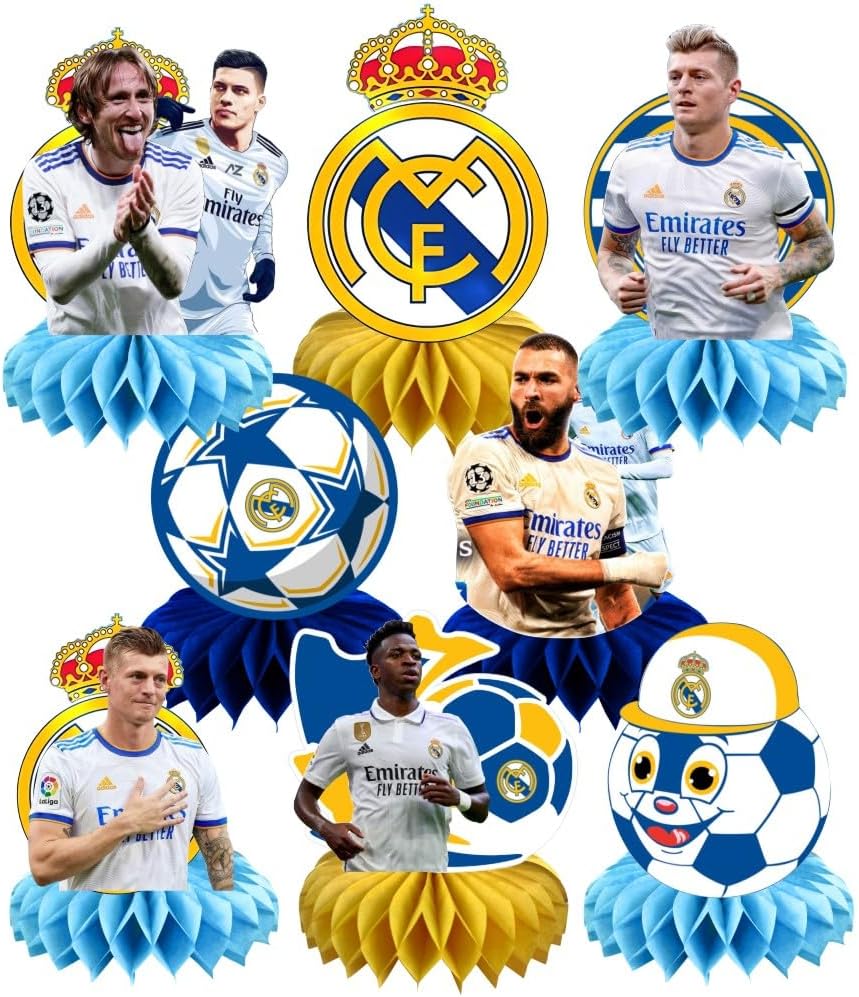 8Pcs Madrid Football Honeycomb Table Centerpiece Soccer Birthday Party Supplies Table Decorations for Kids Party Decorations