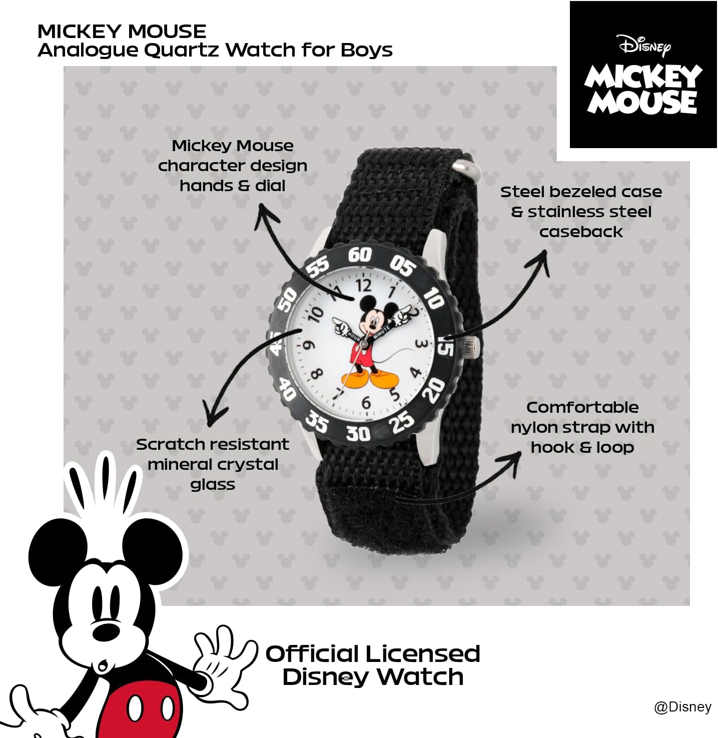 Disney Mickey Mouse Kids' Bezel Stainless Steel Time Teacher Analog Nylon Strap Watch - Image 2