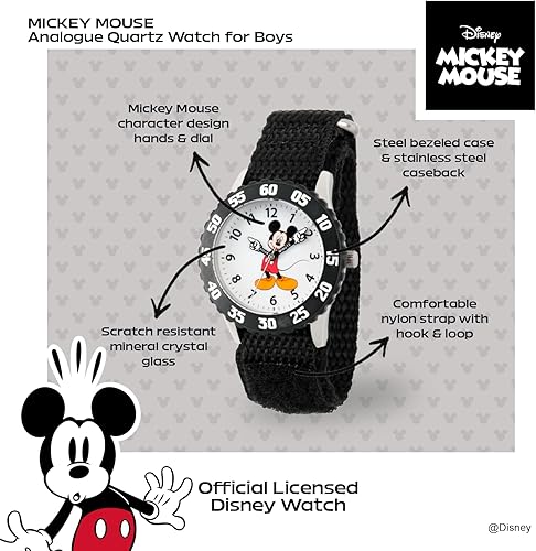 Miniatura 2 de Disney Mickey Mouse Reloj para niños con bisel de acero inoxidable, profesor de tiempo analógico, correa de nylon