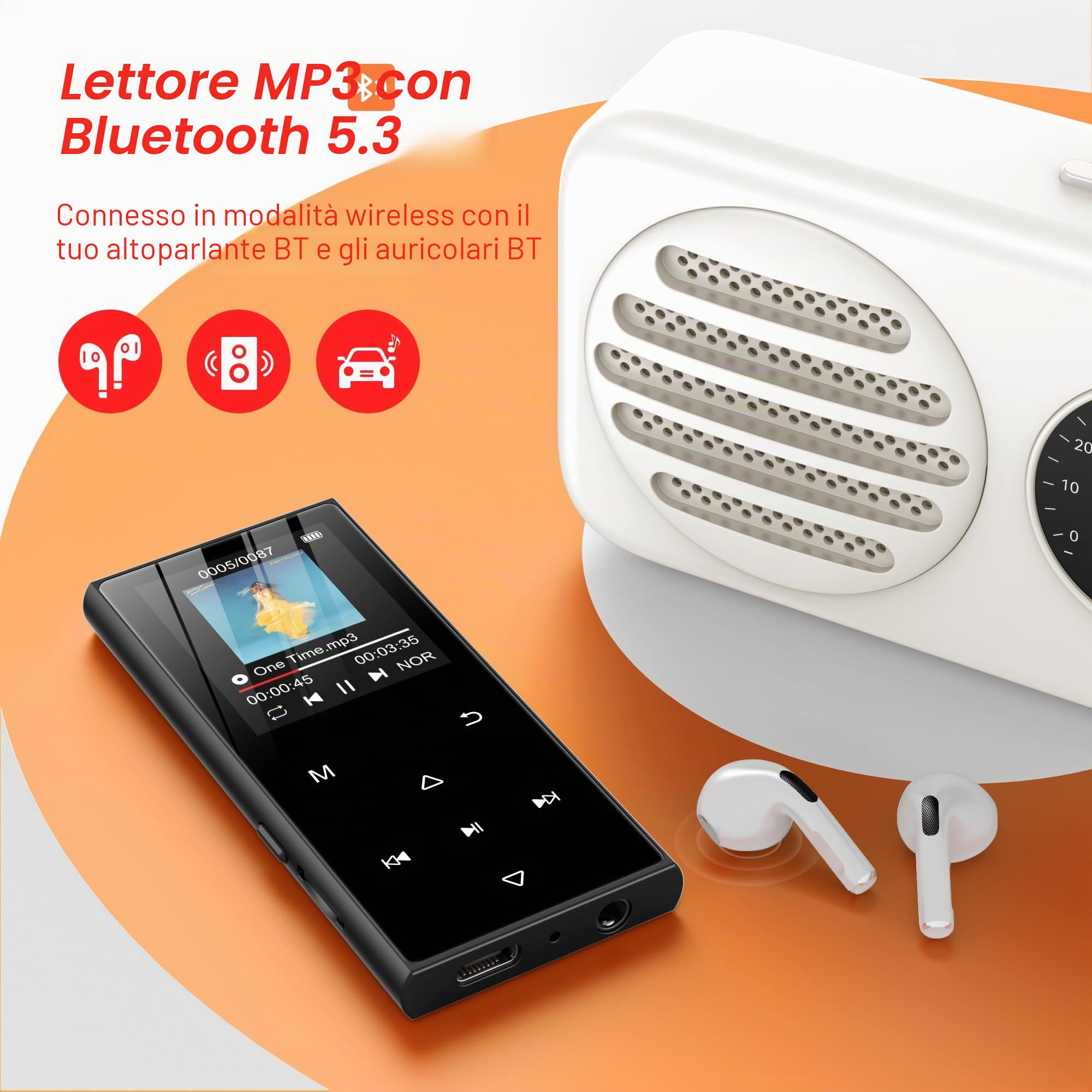 Lettore MP3 da 128 GB con Bluetooth 5.3 e touchscreen da 1,8 pollici, musica hi-fi, lettore MP3 per bambini con altoparlante, radio FM, funzione e-book, funzione di registrazione (Nero)
