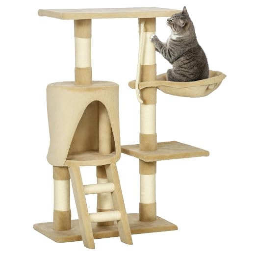 Pawhut Árbol para Gatos Rascador con Nido Plataforma Caseta Escalera Cuerda de Juego 30x55x96cm Tablero de Madera y Cubierto de Felpa Marrón