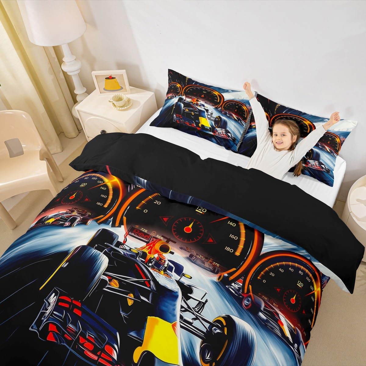 Formula Race Car Duvet Cover Set King Size Modern Extreme Sports Bedding Set 3pcs for Kids Teens Racing Dashboard Print Comforter Cover Cool Speed Car Quilt Cover,2 Pillowcases(Not Comforter)