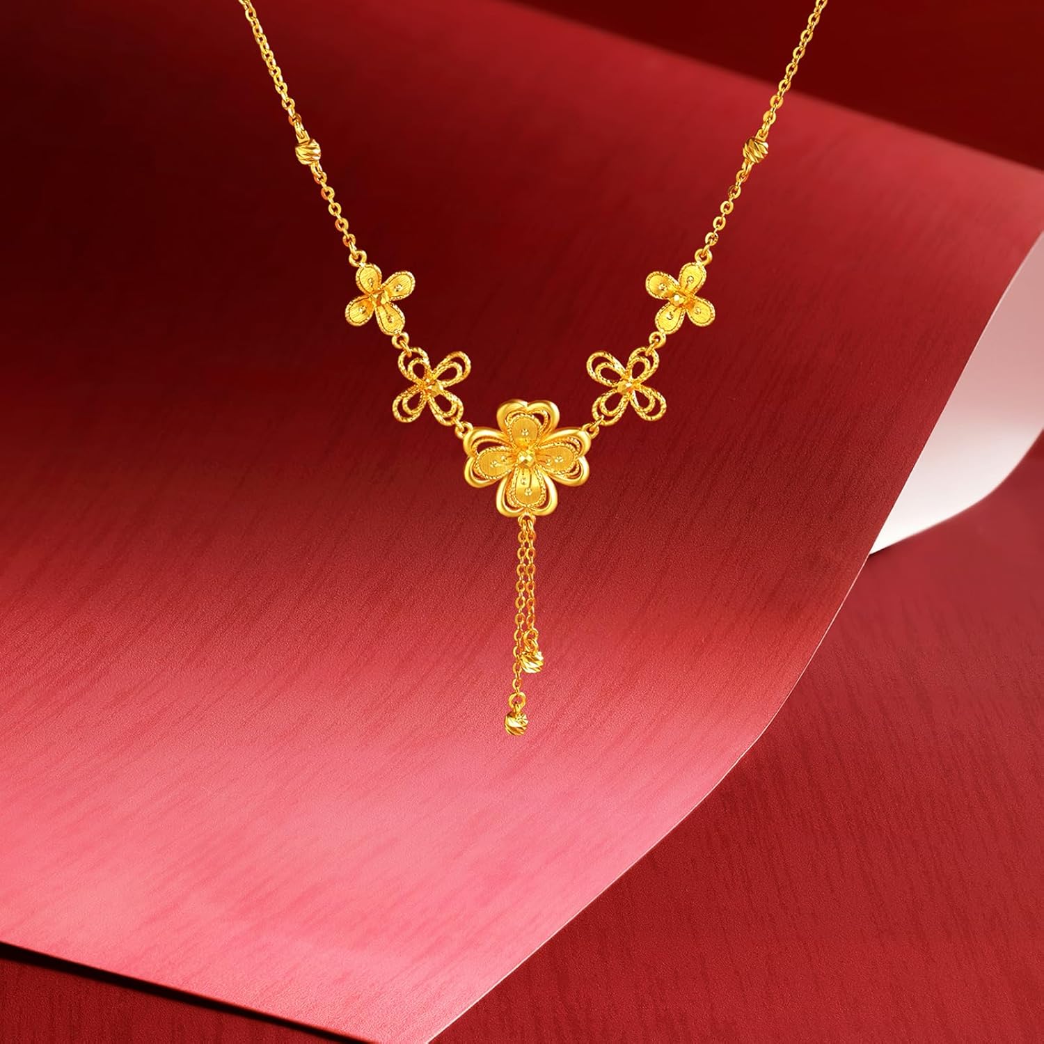 24K Gold Necklaces Real Gold Leaf Clover Pendant Necklace Flower Chain Necklace Dainty Jewelry for Women Her Birthday Anniversary Valentines Gifts 15.7-17.7"/40+5CM A0622049 - Image 5