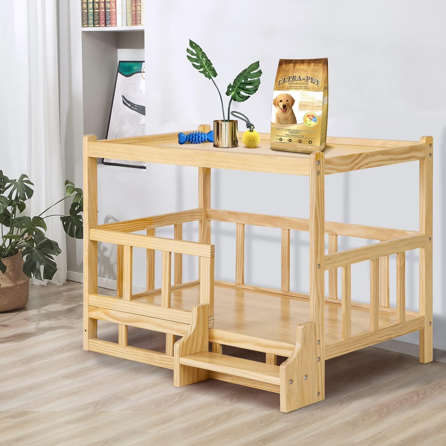 Dog Bed Wooden Dog Bed Frame Dog Kennel Furniture Elevated Pet Bed Dog Bunk Wooden Bed Dog Bed with Rails for Medium & Small Dogs for Dogs Pet Cat ()