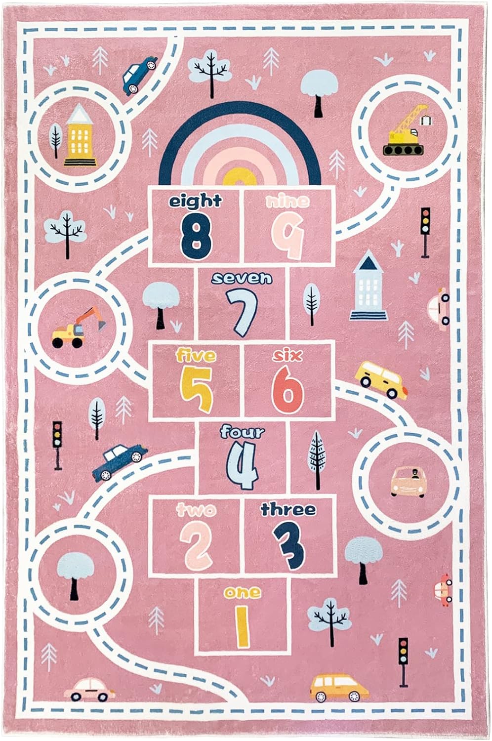 Kids Carpet Hopscotch Play Rug Mat 4x6Ft Large Area Rug Car Rug Hopscotch Mat for Kids Girls Nonslip Children Numbers Educational Throw Rugs for Girls Bedroom Decor, Pink