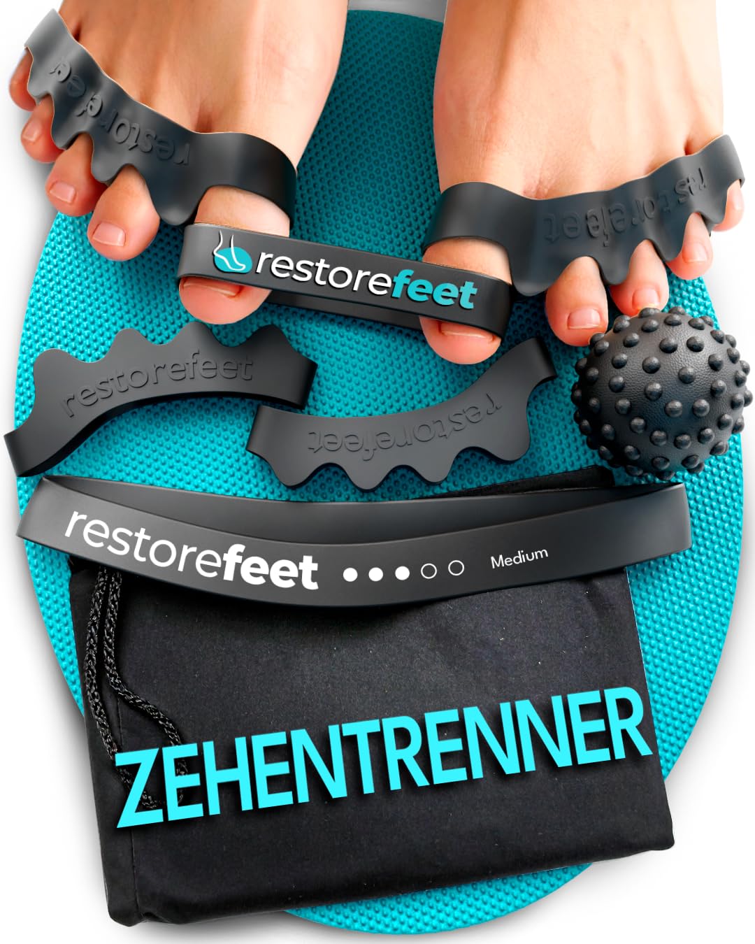 RestoreFeet Zehenspreizer Set – 2 Paar Zehentrenner aus Silikon mit Korrekturband & Myofaszialer Kugel – Hallux Valgus Korrektur, Zehenschutz Kit, BPA-frei, Unisex