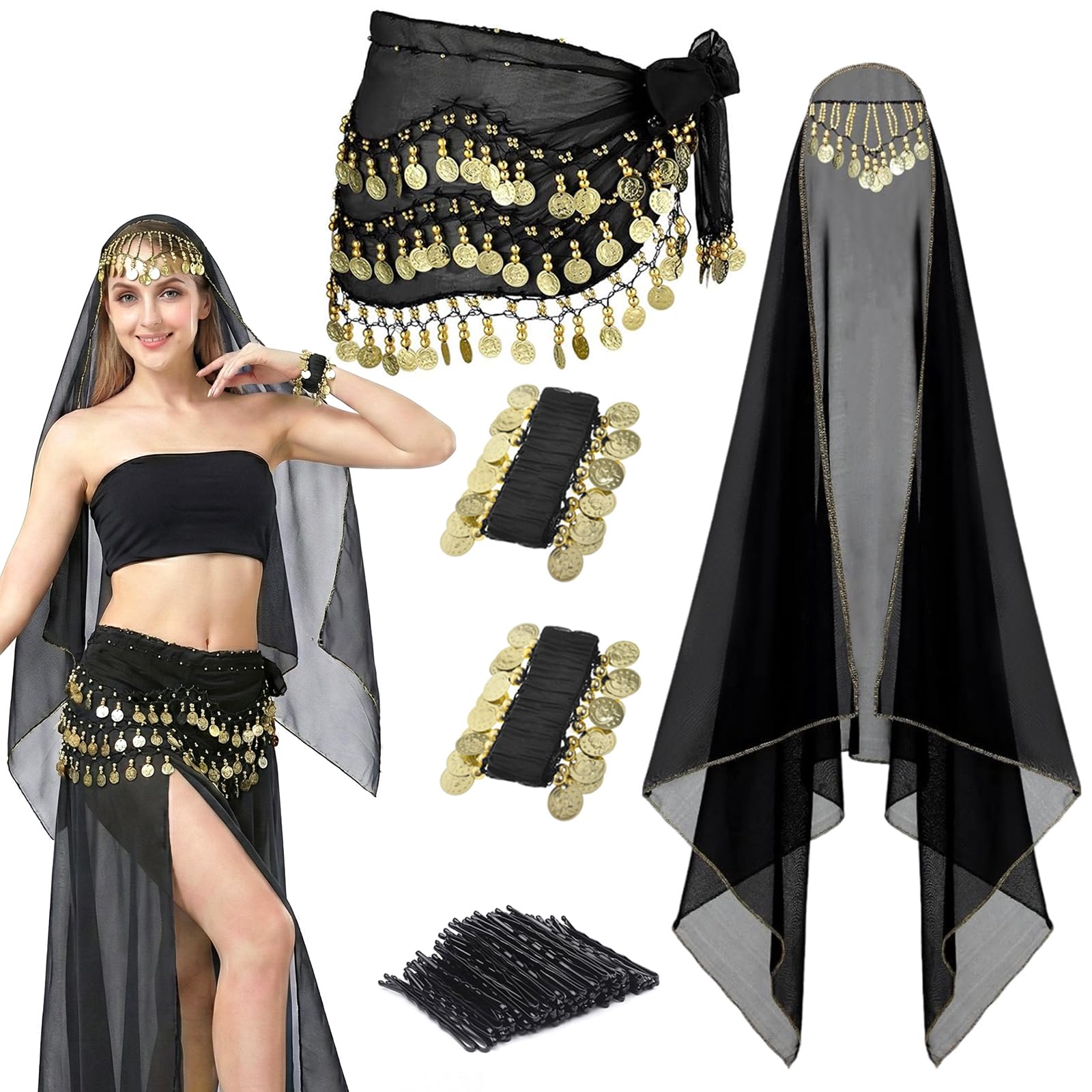 GANZHOUYILAN 4 Pcs Belly Dance Hip Scarf Sets Black
