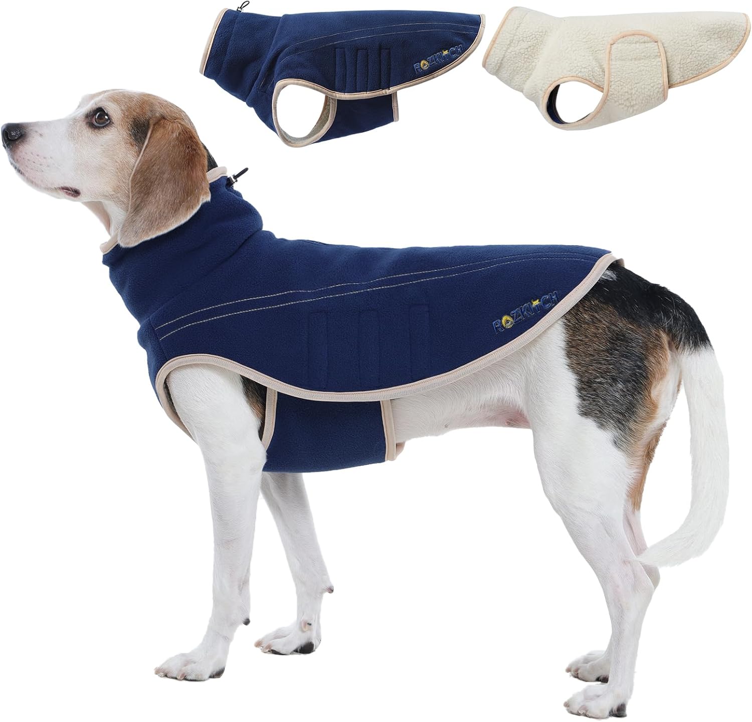 ROZKITCH Reversible Dog Jackets for Large, Thick Fleece Sherpa Sweater with Leash Hole, Double-Sided XL Large Dog Jacket Winter Pitbull DarkBlue XL