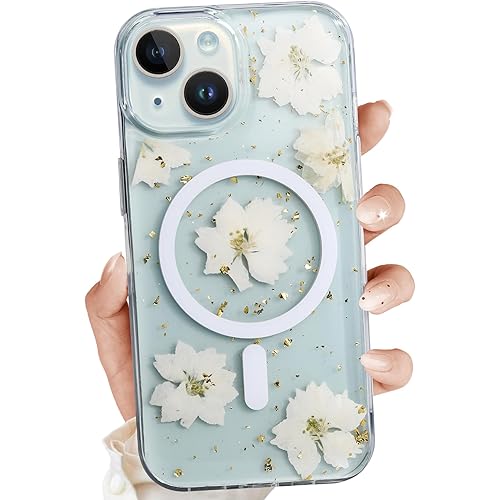 Clear Case for iPhone 14 Compatible with MagSafe, Magnetic Flower Phone Case with Pressed Real Flowers Design, Glitter Cute Floral Pattern Slim Soft TPU Protective Women Girl's Phone Cover for iPhone