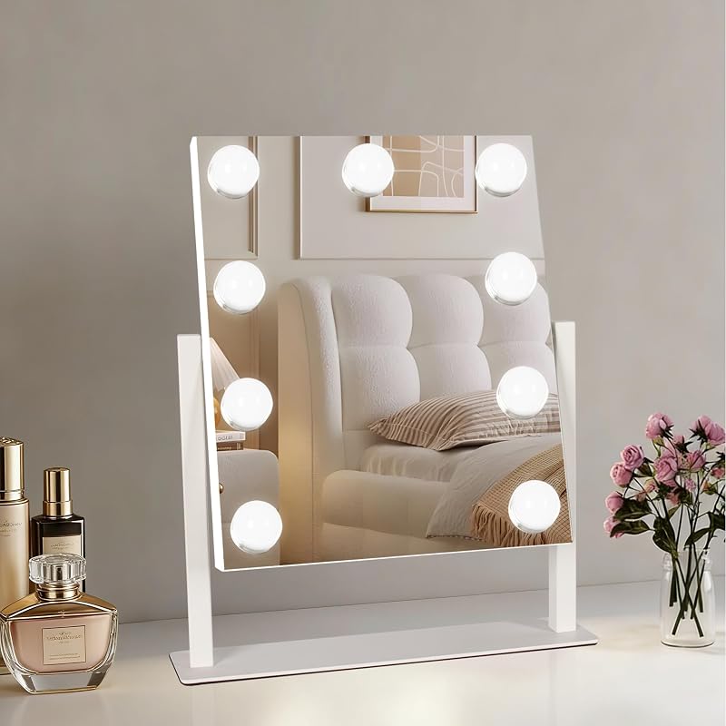 Espelho para maquiagem Moonee com iluminação, 9 lâmpadas ajustáveis, ampliação 10X, rotação de 360°, 3 modos de luz e moldura de alumínio, 30,48 cm x 35,56 cm