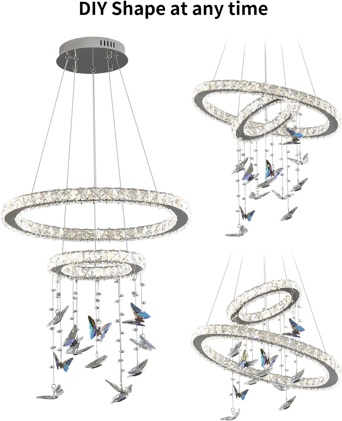 Modern LED Pendant Light,20" K9 Crystal Chandelier,3 Color Temp.,2 Ring Circular Pendant Light for Entrance,Restaurants,Kitchens,Islands, Living Rooms, Cafes,Height adjustable DIY shape,Butterfly