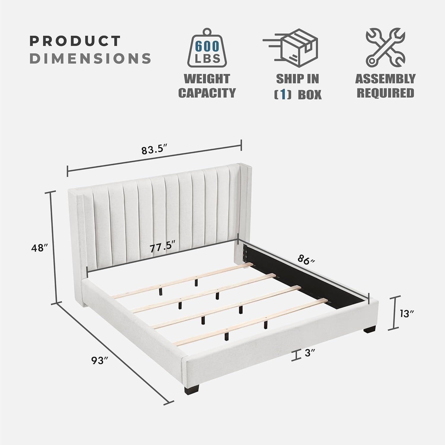 Lexicon Modern Upholstered Bed Frame with Wingback Headboard, Channel Stitched Textured Fabric, Cal King Bed Frame, Strong Wooden Slats Support, Box Spring Needed, Assembly Required, Beige - Image 2