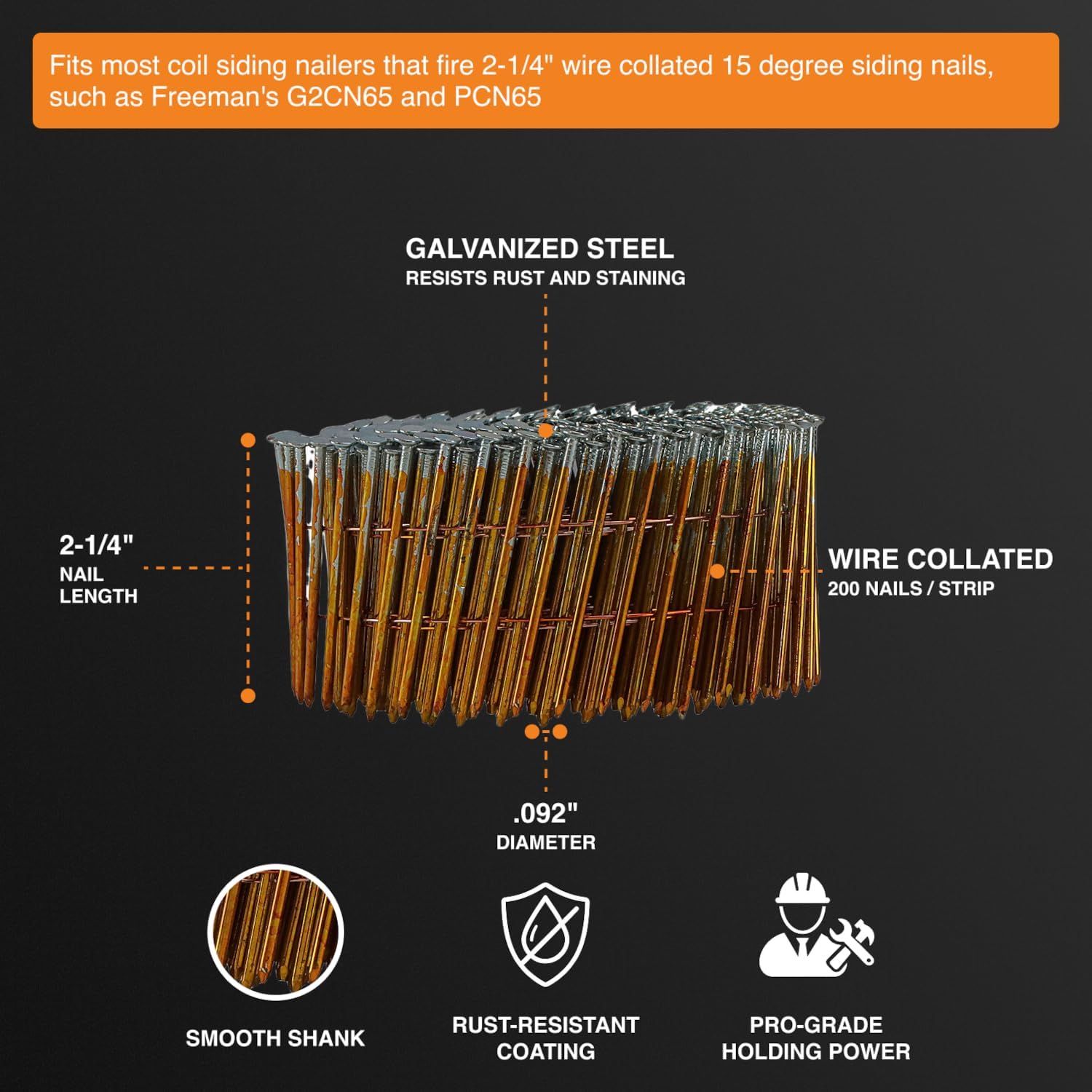 Freeman 15° 2-1/4" Wire Collated Electrogalvanized Smooth Shank Coil Siding Nails – 3,600 Count – For Siding, Roof & Wall Sheathing