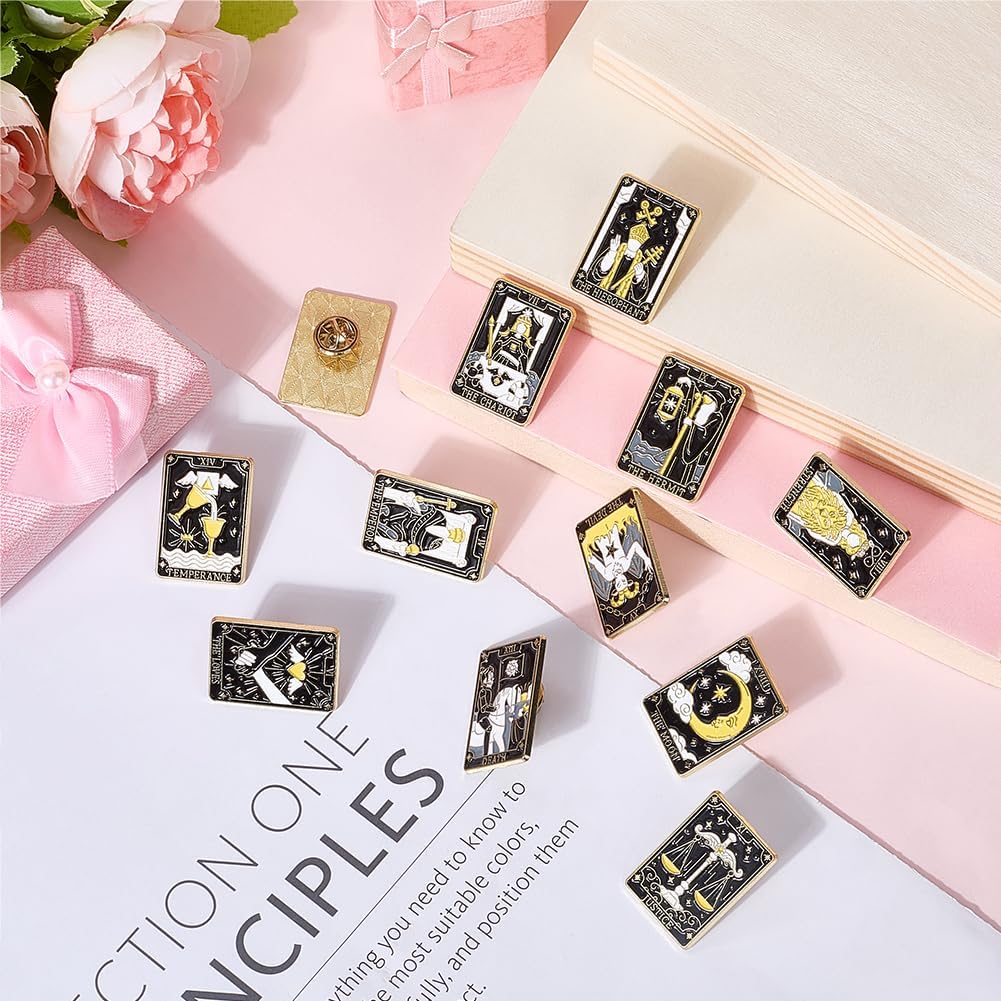 SUNNYCLUE 1 Box 12Pcs 12 Styles Tarot Card Enamel Pin Constellation Brooch Black Gold Metal Zinc Alloy Divination Themed Moon Star Sun Lapel Pins Set for Backpacks Bags Clothing Decor Accessories - Image 3