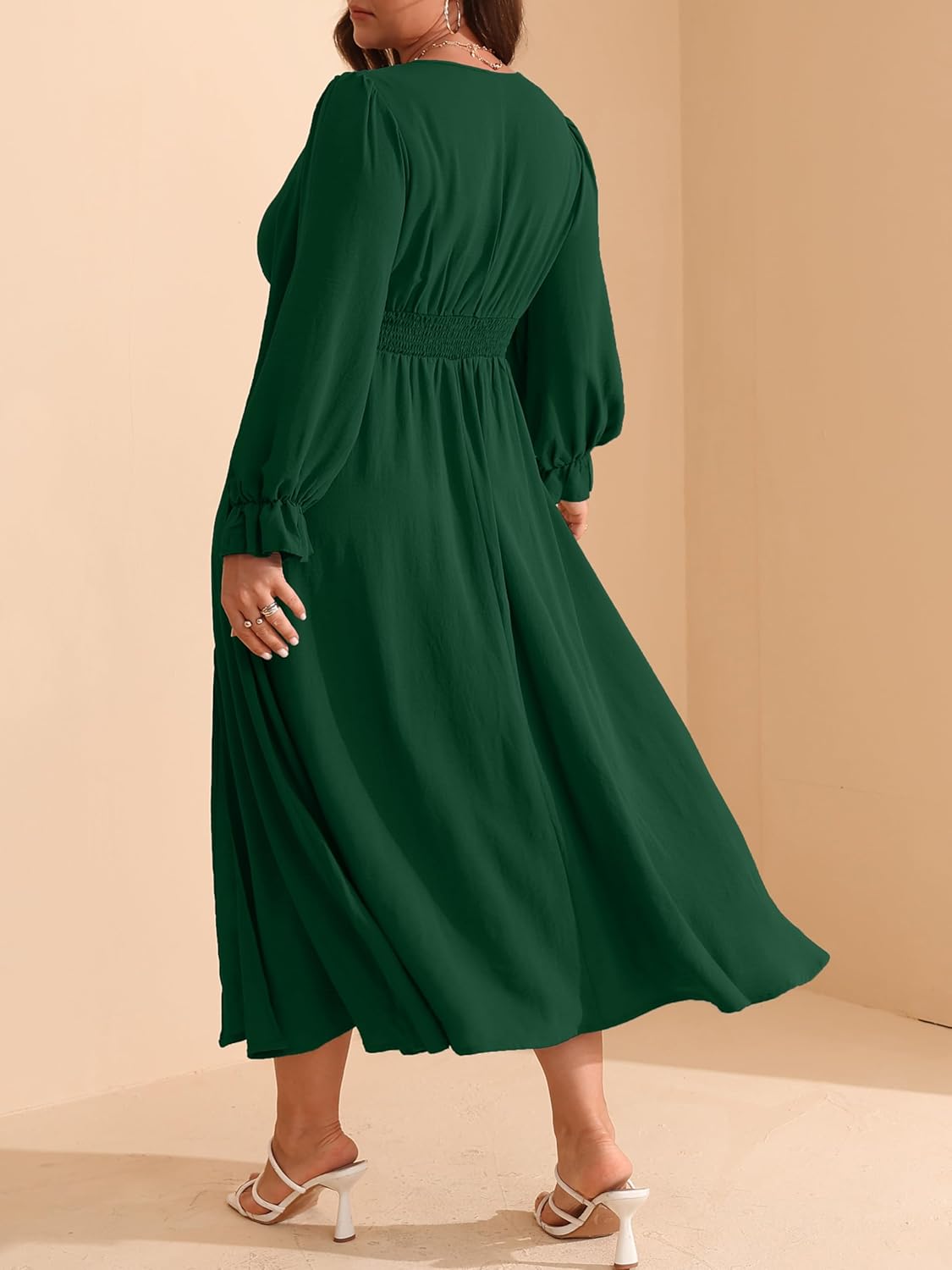 RWJ Plus Size Wedding Guest Dress for Women Deep V Neck Long Sleeve High Waist Slit Formal Cocktail Party Fall Maxi Dresses - Image 7