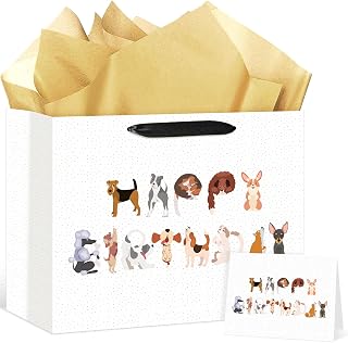 Peconal Funny Dog Birthday Gift Bag Let's Pawty Party Decorations Puppy Doggy Gift Wrapping Paper Bag with Greeting Card for Women Men Friends Dog Lovers Birthday Party Gifts Wrap Favors Supplies