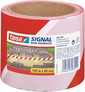 tesa® Signal Barrier Tape - Warning Tape for Barrier, Marking and Demarcation of Danger Areas - Non-Adhesive - Red-White, 100 m x 80 mm