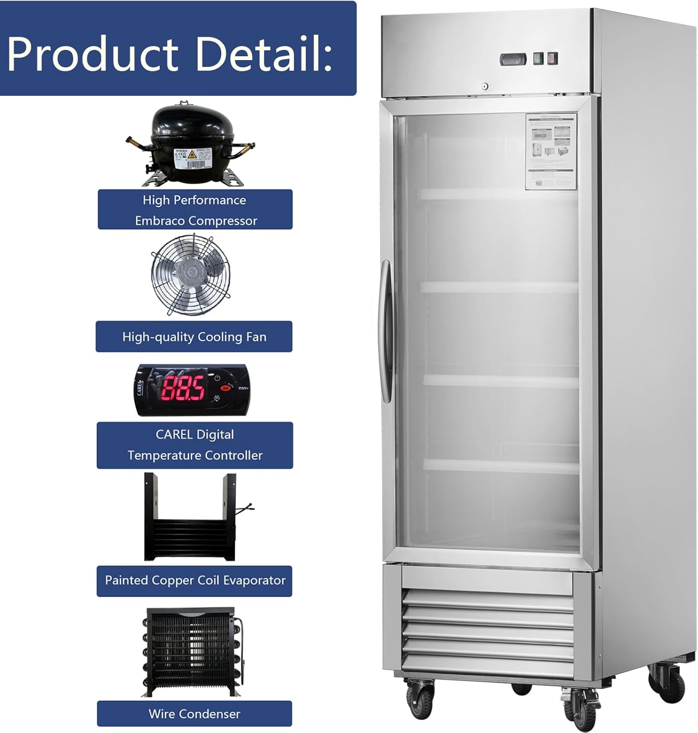27" W Commercial Refrigerator, Single Glass Door Stainless Steel Display Refrigerator, 18.68 Cu.ft. Reach-in Merchandising Upright Fan Cooling Merchandiser for Restaurant, Bar, ETL & DOE