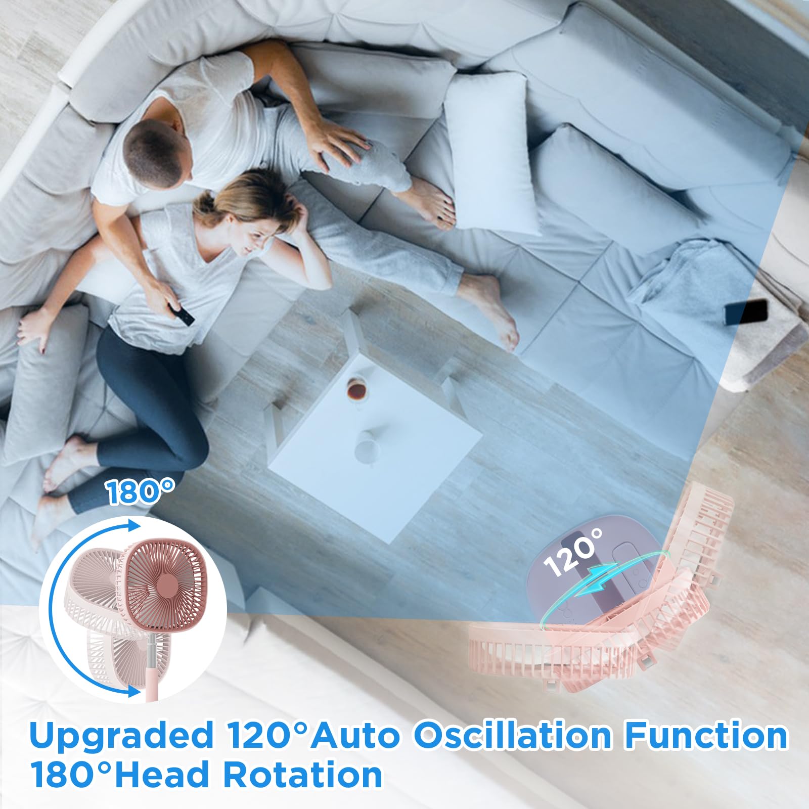 Ventilador de pedestal oscilante portátil y remoto, rotación de 120°, ventilador plegable 3 en 1, ventilador de escritorio, antideslizante 7200 mAh recargable, telescópico de 4 velocidades, 3