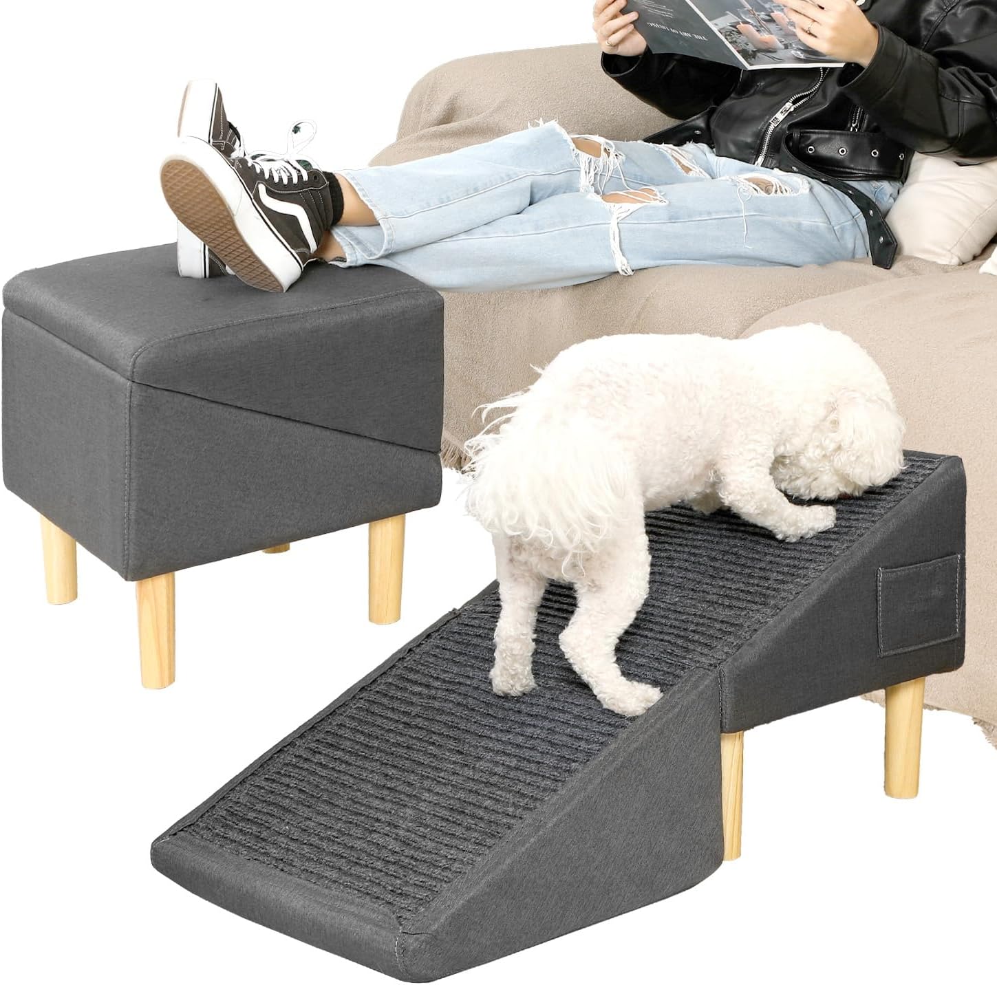 Dog Ramp, 17.7”x15.5”x15.5” 2-in-1 Split Ottoman Dog Stairs and Couch for Bed,Solid Wood, Gentle 23 Incline, Foldable Pet Steps for Large and Small Cats (Grey)