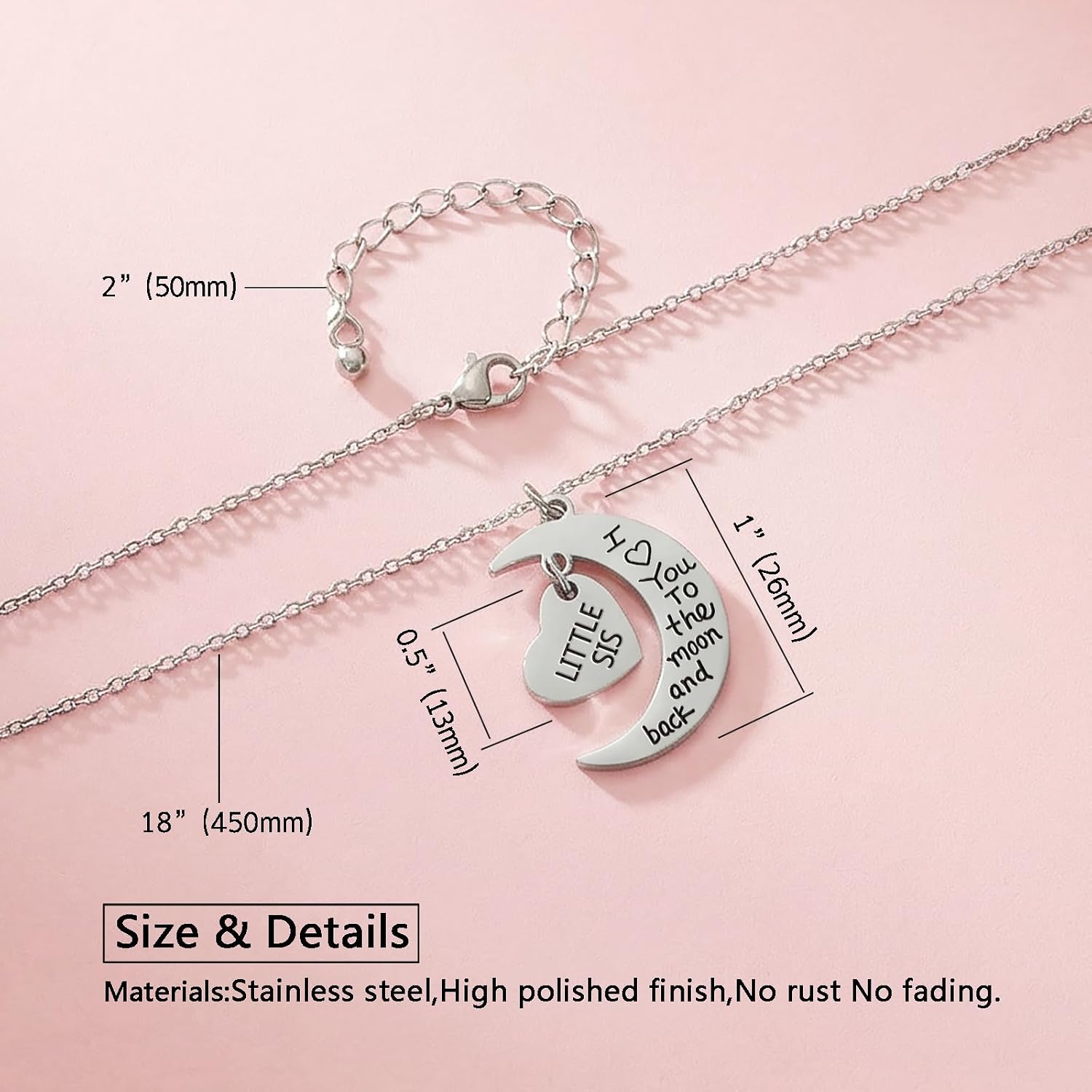 I Love You To Moon Back Engraved Heart Big Middle Little Sister Necklace | Meaningful Friendship Jewelry, Birthday Xmas Graduation Gifts for Sister Daughter Women Teengirls