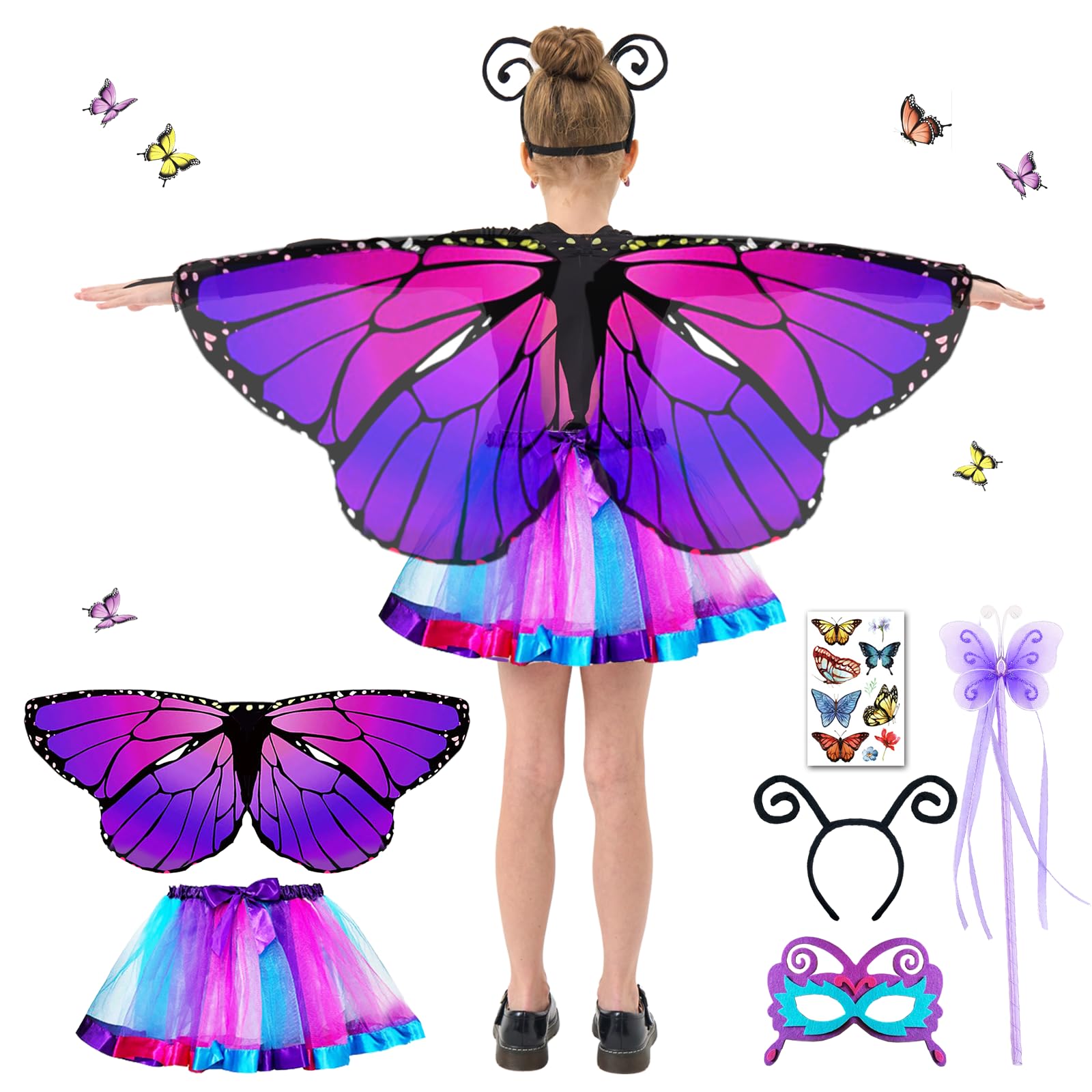Costume da farfalla per bambini, con ali di farfalla per bambini, con gonna, personale, maschera per gli occhi e farfalla, set da principessa, costume da carnevale
