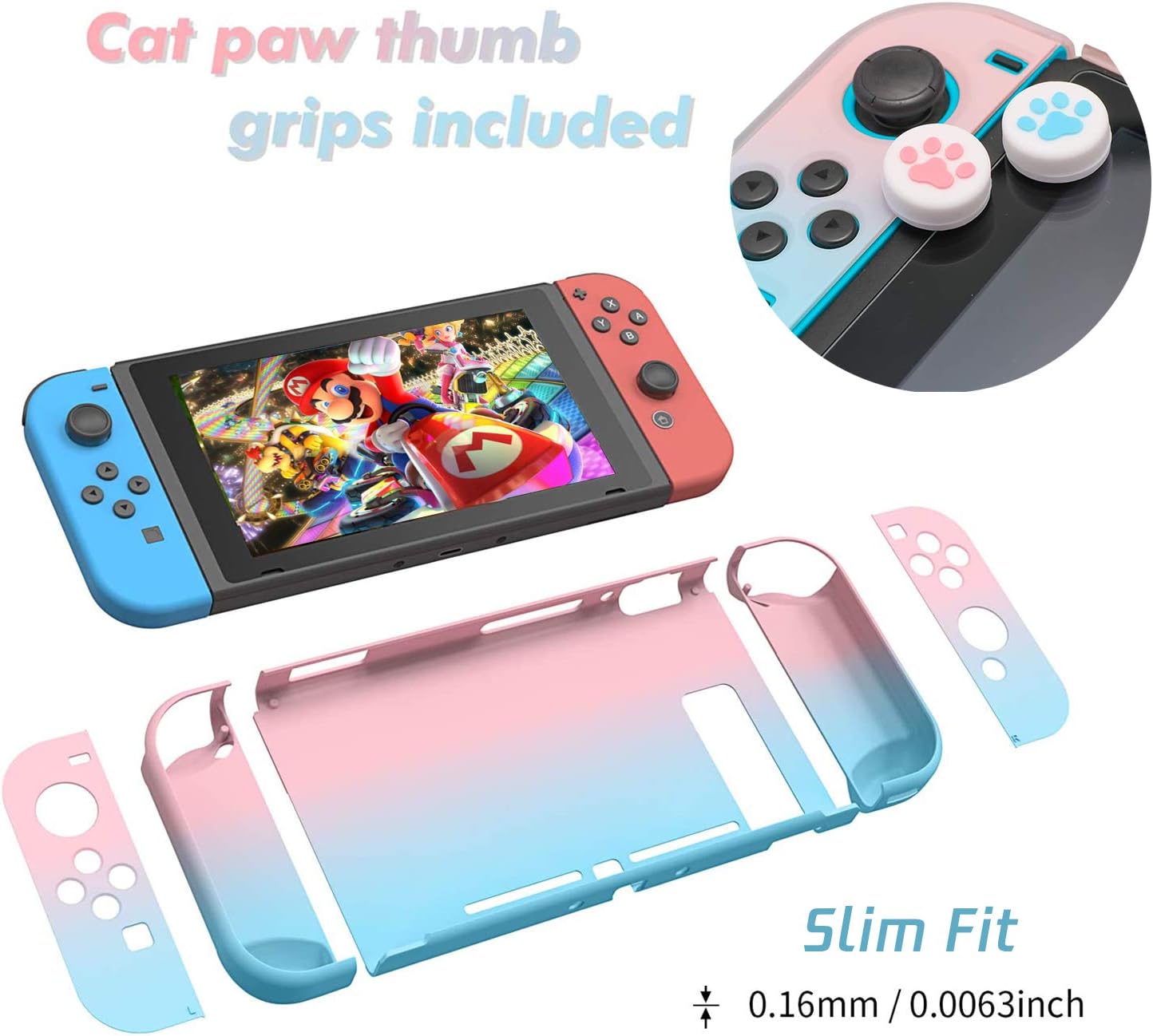Upgraded Dockable Case for Nintendo Switch, FANPL Protective Case Cover for Nintendo Switch and Joy Con Controller with 2 Cat Paw Thumb Grips (Pastel Pink & Blue)
