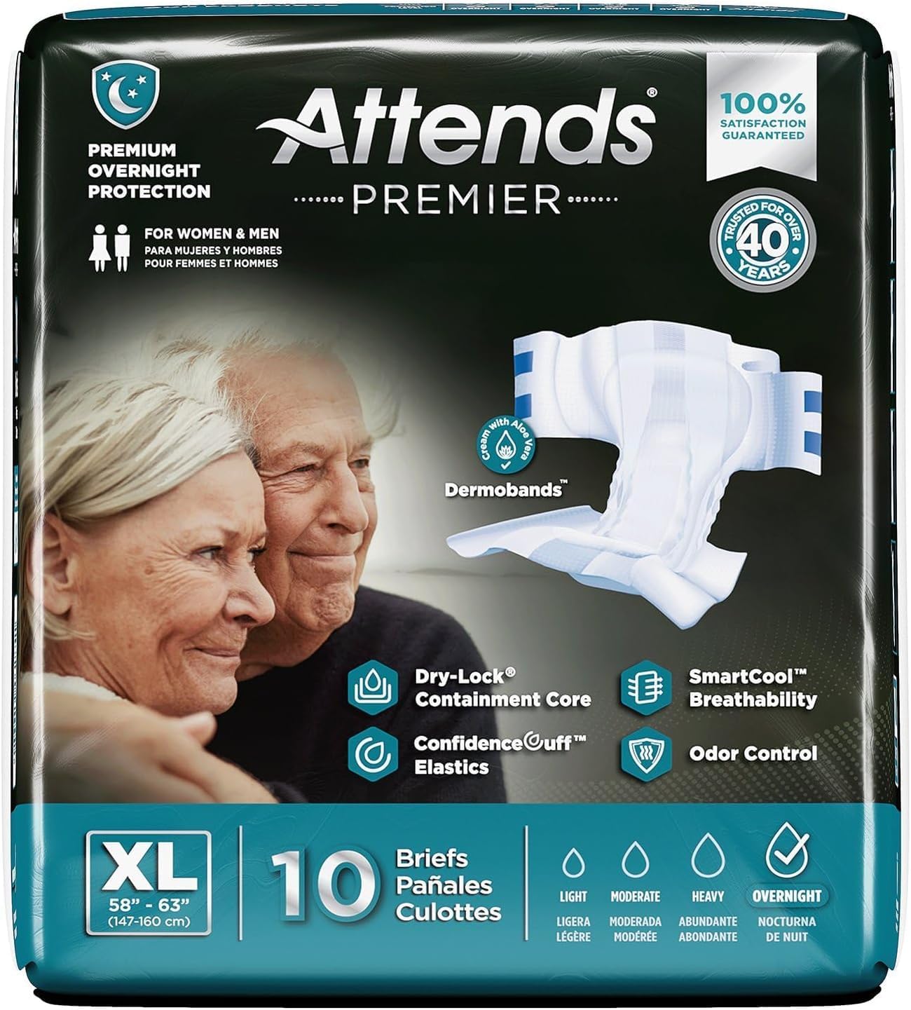 Attends Premier Adult Disposable SmartCool® Briefs, X-Large, 58-63" High-Rise Waist Tab Closure, Premium Overnight Dry-Lock Protection, Odor Control, 40ct Case