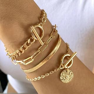 Generic 4 PCS Snake Chain Bracelets, Gold Tone Fashion Jewelry Set for Women, Layered Look Accessory for Casual and Special Occasions, Stylish Chain Bracelets (Gold)