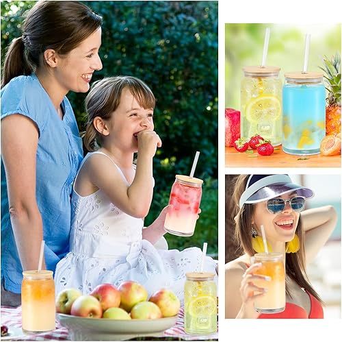 Miniatura 6 de Vasos para beber 16 onzas con tapas de bambú y popote de plástico paquete de 6 vasos resistentes al calor vasos de boca ancha para bebidas frías y