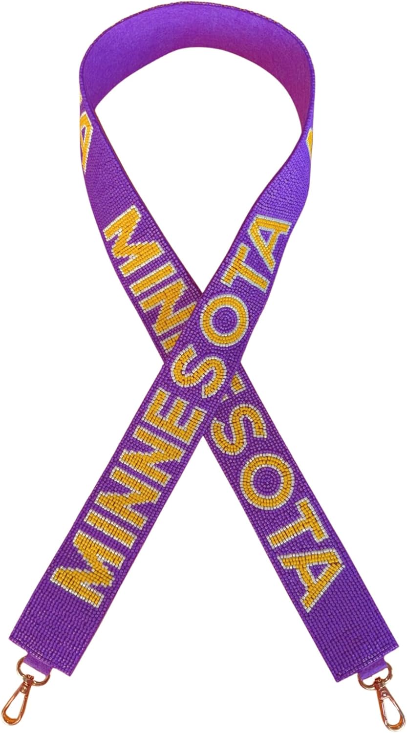 Lashicorn Minnesota Purple Beaded Purse Strap Yellow Letters 45” Pro Football Stadium Approved Clear Bag Gold Hardware Sports College North