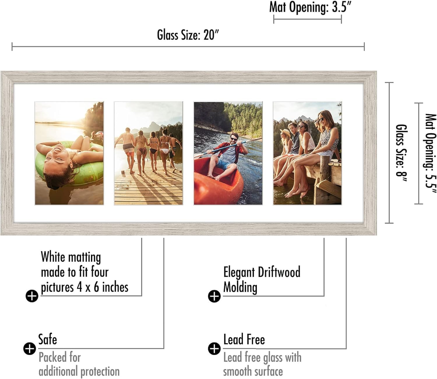 americanflat 4x6 collage picture frame with shatter-resistant glass - fits four 4x6 photos or use as one 8x20 picture frame - signature collection - collage frames for wall display- driftwood driftwood 8x20 four 4x6 photos