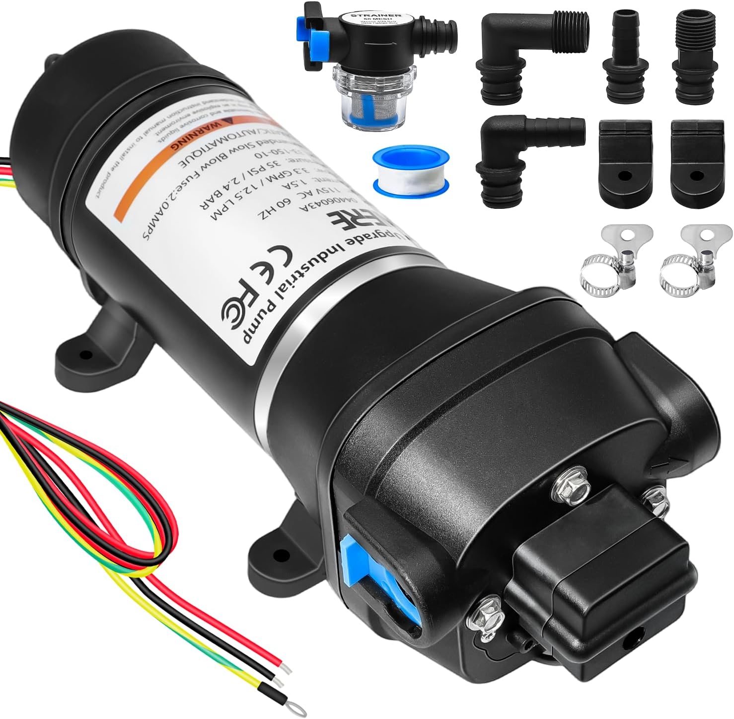 04406043A Water Pump,3.3GPM 115V 35PSI Diaphragm Water Pump With Strainer and Pressure Switch for RV Yacht Marine Caravan