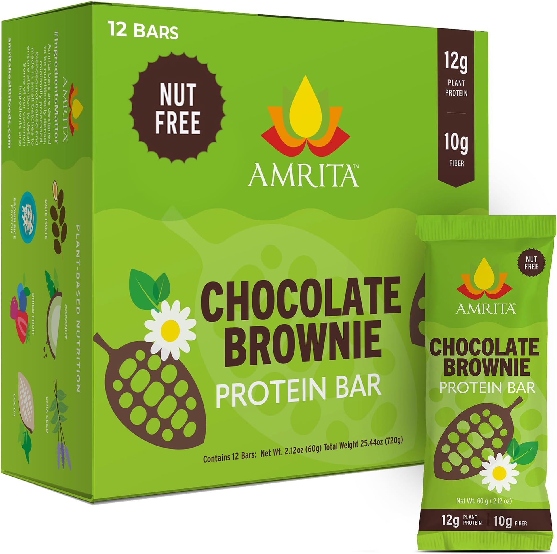 Amrita Nut Free Chocolate Brownie Vegan Protein Bars (12 Count) | 12g Plant-Based Protein Bar | Peanut Free, Gluten Free, and Dairy Free | Low Sugar, High Fiber, Healthy School-Safe Snacks